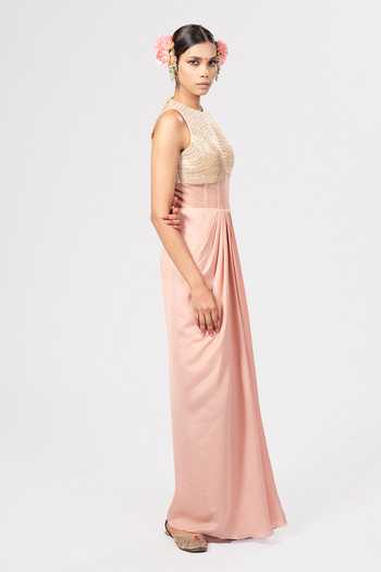 Rirasa_Peach Crepe High Neck Raveya Dress _at_Aza_Fashions