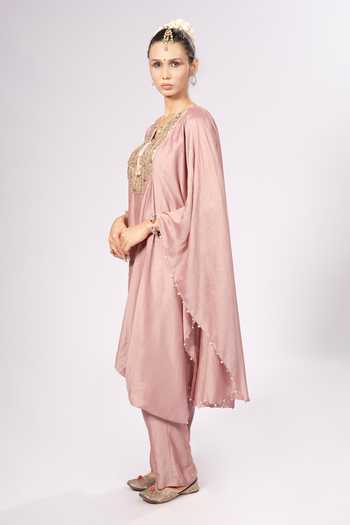 Rirasa_Pink Silk Split V-neck Hansika Blend Kaftan And Pant Set _Online_at_Aza_Fashions