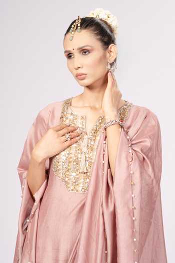Buy_Rirasa_Pink Silk Split V-neck Hansika Blend Kaftan And Pant Set _Online_at_Aza_Fashions