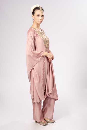 Shop_Rirasa_Pink Silk Split V-neck Hansika Blend Kaftan And Pant Set _Online_at_Aza_Fashions