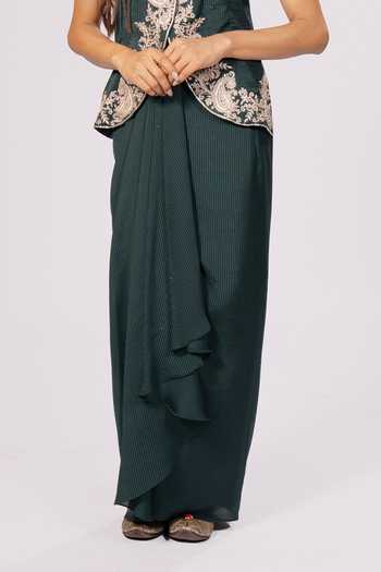 Buy_Rirasa_Green Crepe V-neck Vamsha Embroidered Jacket And Skirt Set _Online_at_Aza_Fashions