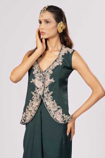 Shop_Rirasa_Green Crepe V-neck Vamsha Embroidered Jacket And Skirt Set _Online_at_Aza_Fashions