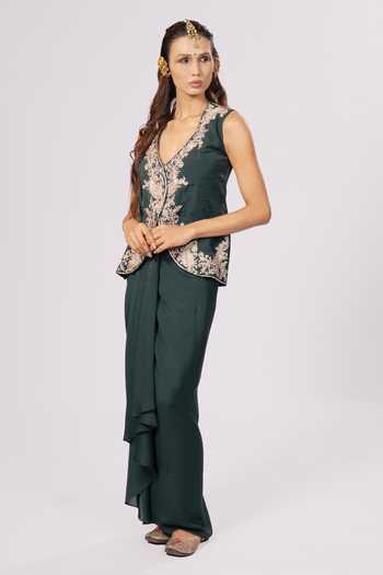 Rirasa_Green Crepe V-neck Vamsha Embroidered Jacket And Skirt Set _at_Aza_Fashions