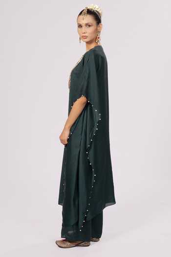 Rirasa_Green Crepe Split V-neck Roshni Kaftan And Pant Set _Online_at_Aza_Fashions