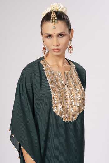 Buy_Rirasa_Green Crepe Split V-neck Roshni Kaftan And Pant Set _Online_at_Aza_Fashions