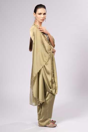 Rirasa_Green Split V-neck Tarang Embroidered Kaftan And Pant Set _Online_at_Aza_Fashions