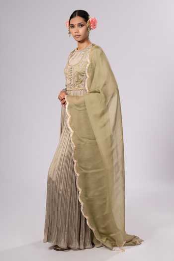 Rirasa_Olive Green Round Neck Noor Embroidered Anarkali And Pant Set _Online_at_Aza_Fashions