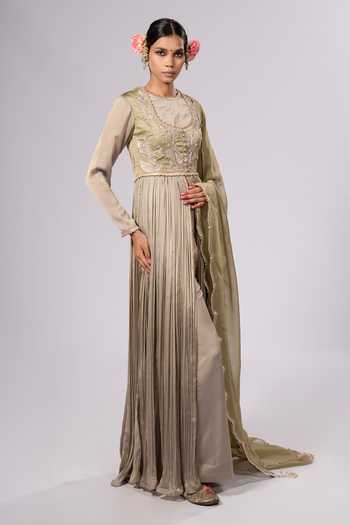 Buy_Rirasa_Olive Green Round Neck Noor Embroidered Anarkali And Pant Set _Online_at_Aza_Fashions