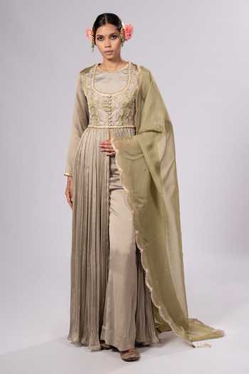 Shop_Rirasa_Olive Green Round Neck Noor Embroidered Anarkali And Pant Set _Online_at_Aza_Fashions