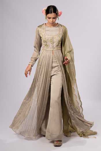 Rirasa_Olive Green Round Neck Noor Embroidered Anarkali And Pant Set _at_Aza_Fashions