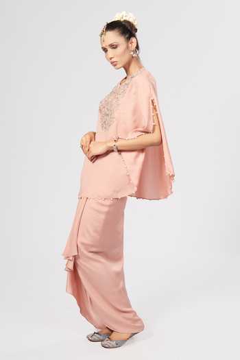 Rirasa_Peach Crepe Round Neck Embroidered Top And Skirt Set _Online_at_Aza_Fashions