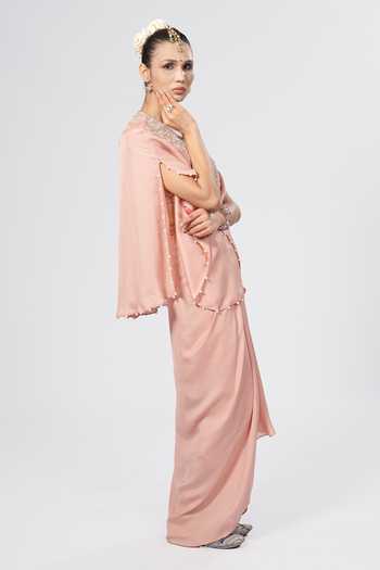 Buy_Rirasa_Peach Crepe Round Neck Embroidered Top And Skirt Set _Online_at_Aza_Fashions