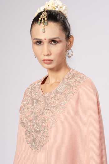 Shop_Rirasa_Peach Crepe Round Neck Embroidered Top And Skirt Set _Online_at_Aza_Fashions