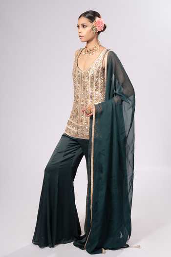 Rirasa_Green Crepe V-neck, Yes Ambar Embroidered Kurta Sharara Set _Online_at_Aza_Fashions