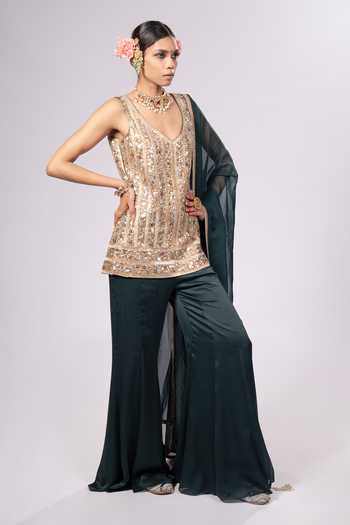 Buy_Rirasa_Green Crepe V-neck, Yes Ambar Embroidered Kurta Sharara Set _Online_at_Aza_Fashions