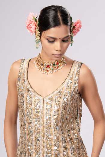 Shop_Rirasa_Green Crepe V-neck, Yes Ambar Embroidered Kurta Sharara Set _Online_at_Aza_Fashions