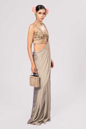 Rirasa_Olive Green Georgette V-neck Raahi Pre-draped Saree And Blouse Set _Online_at_Aza_Fashions