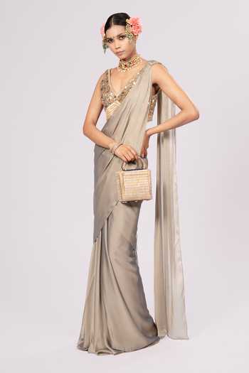 Buy_Rirasa_Olive Green Georgette V-neck Raahi Pre-draped Saree And Blouse Set _Online_at_Aza_Fashions