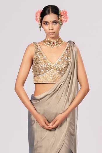 Shop_Rirasa_Olive Green Georgette V-neck Raahi Pre-draped Saree And Blouse Set _Online_at_Aza_Fashions