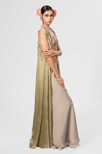 Rirasa_Olive Green V-neck Zoraya Draped Cape Set _Online_at_Aza_Fashions