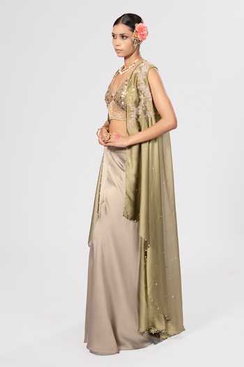 Buy_Rirasa_Olive Green V-neck Zoraya Draped Cape Set _Online_at_Aza_Fashions