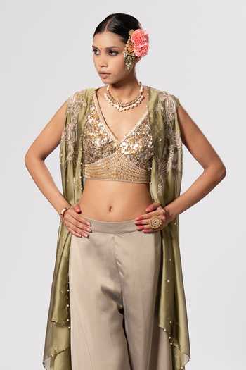 Rirasa_Olive Green V-neck Zoraya Draped Cape Set _at_Aza_Fashions