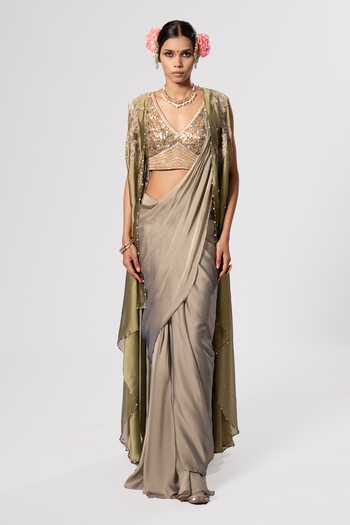 Rirasa_Olive Green V-neck Devyani Embellished Saree Set _Online_at_Aza_Fashions