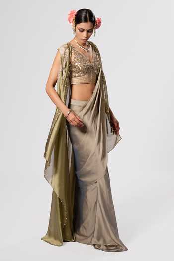 Buy_Rirasa_Olive Green V-neck Devyani Embellished Saree Set _Online_at_Aza_Fashions
