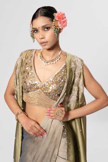 Shop_Rirasa_Olive Green V-neck Devyani Embellished Saree Set _Online_at_Aza_Fashions