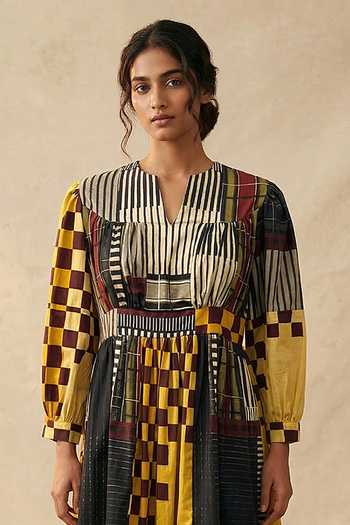 Buy_Vedika M_Multi Color Cotton Split V-neck Sundown Patch Dress _Online_at_Aza_Fashions