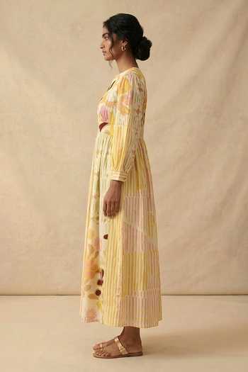 Vedika M_Beige Cotton Split V-neck Sundown Floral Patch Dress _Online_at_Aza_Fashions