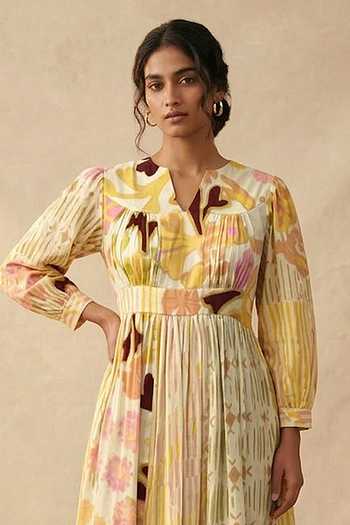 Buy_Vedika M_Beige Cotton Split V-neck Sundown Floral Patch Dress _Online_at_Aza_Fashions