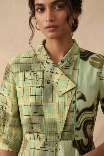 Vedika M_Green Cotton Mandarin Collar Meadow Flow Dress _Online_at_Aza_Fashions