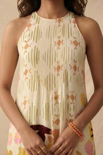 Vedika M_Beige Cotton Satin Halter Neck Sundown Incut Long Dress _Online_at_Aza_Fashions