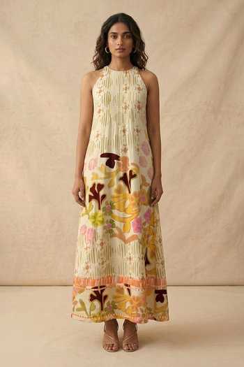 Buy_Vedika M_Beige Cotton Satin Halter Neck Sundown Incut Long Dress _Online_at_Aza_Fashions