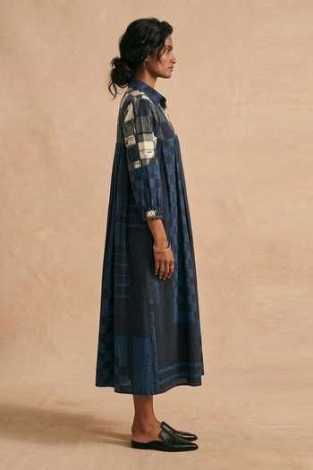 Buy_Vedika M_Blue Cotton Collared Ink Box Pleat Midi Dress _Online_at_Aza_Fashions