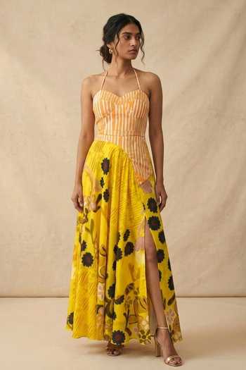 Buy_Vedika M_Multi Color Cotton Satin Sweetheart , Halter Sunshine Tie-up Dress _Online_at_Aza_Fashions