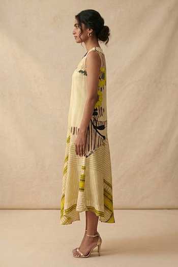 Vedika M_Green Cotton Satin Round Neck Sand Bloom Pintuck Dress _Online_at_Aza_Fashions