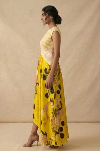 Vedika M_Yellow Cotton High Neck Sunshine Rush Dress _Online_at_Aza_Fashions