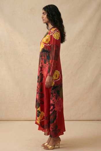 Vedika M_Red Cotton Satin V-neck Scarlet Bloom Dress _Online_at_Aza_Fashions