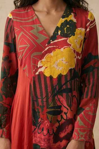 Buy_Vedika M_Red Cotton Satin V-neck Scarlet Bloom Dress _Online_at_Aza_Fashions