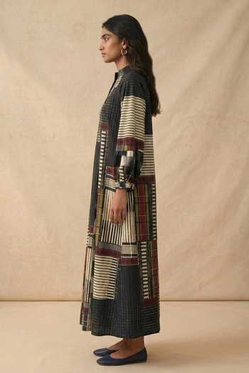 Vedika M_Black Cotton Mandarin Collar Mono Grid Raglan Sleeve Dress _Online_at_Aza_Fashions