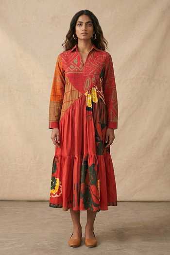 Vedika M_Red Cotton V-neck, Collared Scarlet Pintuck Dress _Online_at_Aza_Fashions