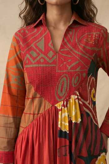 Buy_Vedika M_Red Cotton V-neck, Collared Scarlet Pintuck Dress _Online_at_Aza_Fashions