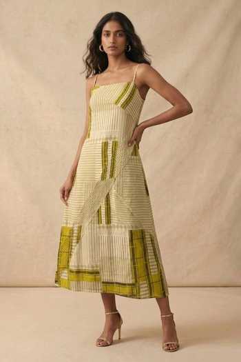 Vedika M_Green Cotton Satin Square Neck Citrene Chequered Asymmetric Strap Dress _Online_at_Aza_Fashions