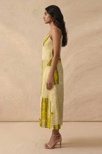 Buy_Vedika M_Green Cotton Satin Square Neck Citrene Chequered Asymmetric Strap Dress _Online_at_Aza_Fashions