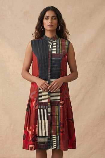 Vedika M_Multi Color Cotton Mandarin Collar Mono Grid Midi Dress _Online_at_Aza_Fashions