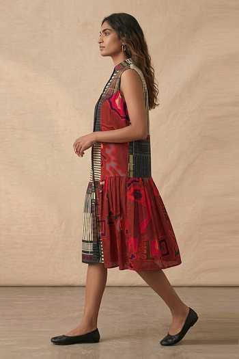 Buy_Vedika M_Multi Color Cotton Mandarin Collar Mono Grid Midi Dress _Online_at_Aza_Fashions