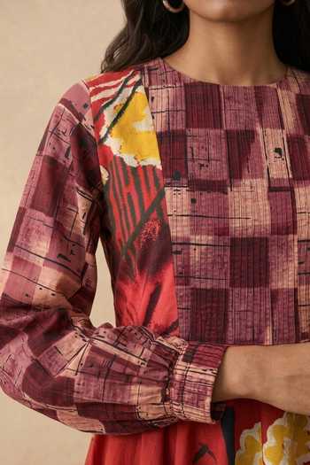 Vedika M_Multi Color Cotton Round Neck Mono Grid Midi Dress _Online_at_Aza_Fashions