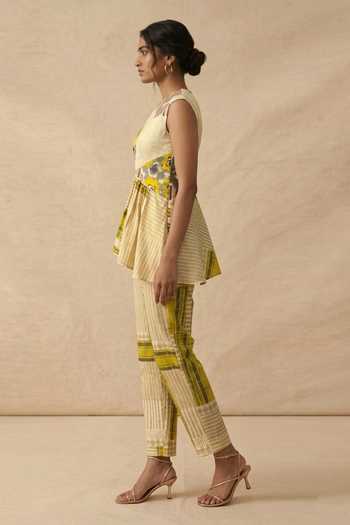 Vedika M_Green Cotton Round Neck Citrene Asymmetric Top And Pant Set _Online_at_Aza_Fashions